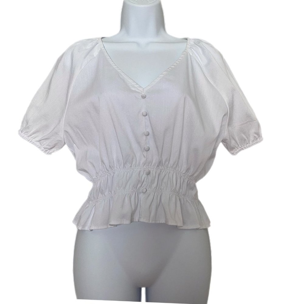 Calista Crisp White Cropped Smocked Waist Peasant Puff Short Sleeve Top Size M